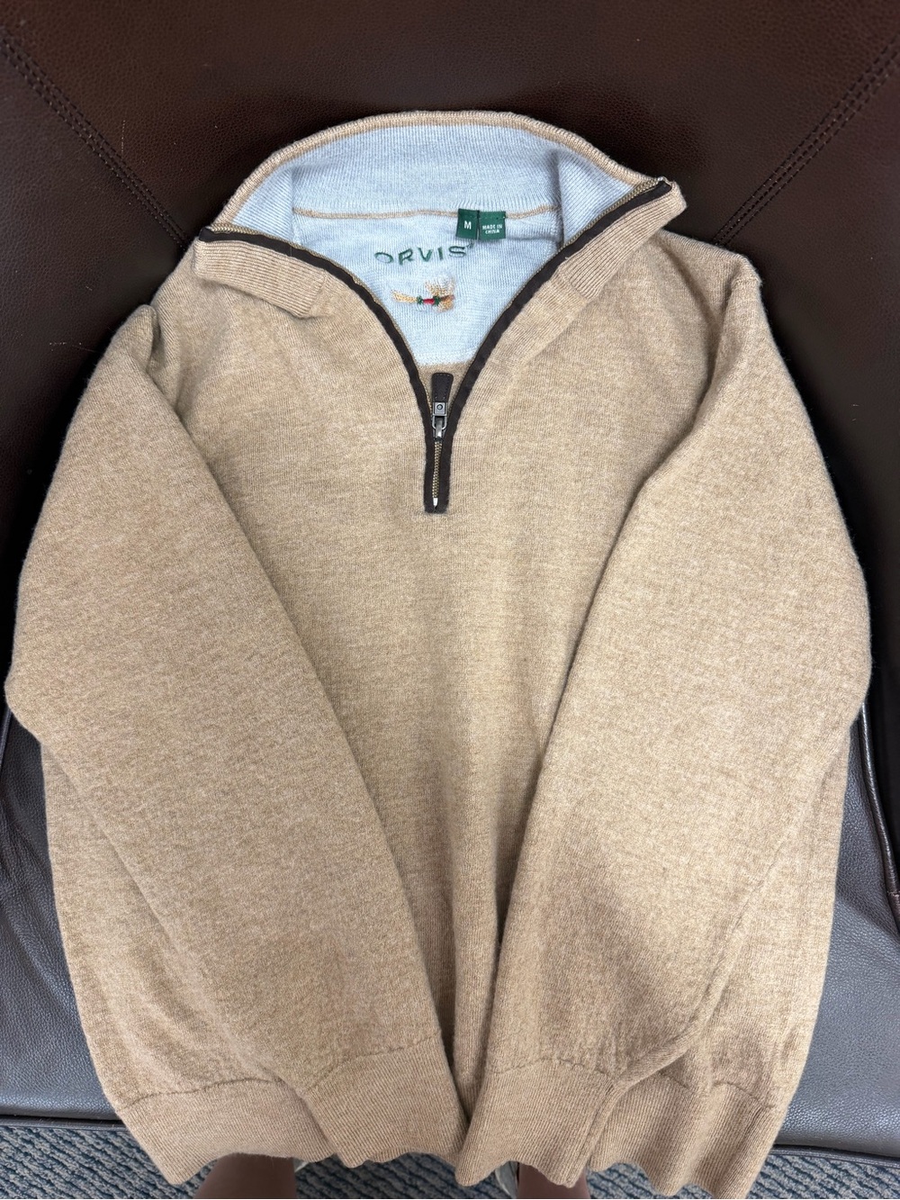 Orvis Men's Zip-Neck Sweater in Beige with Dark Trim